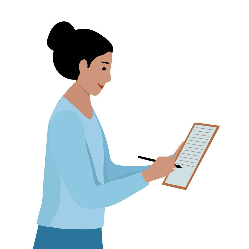 Woman keeps records of analyst or office manager. Infographics for the site vector