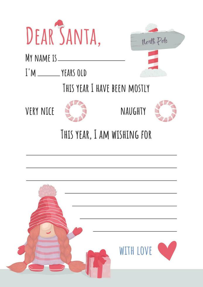 Letter to Santa Claus with a wish list for Christmas. A letter for girls with a pink gnome vector