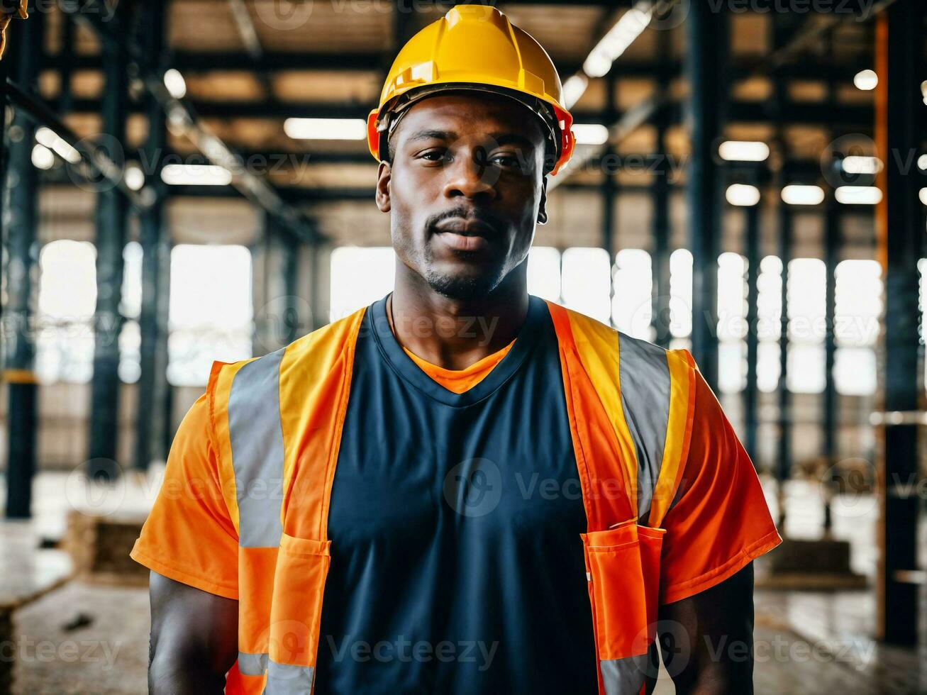 photo of african black man as a construction worker with helmet, generative AI