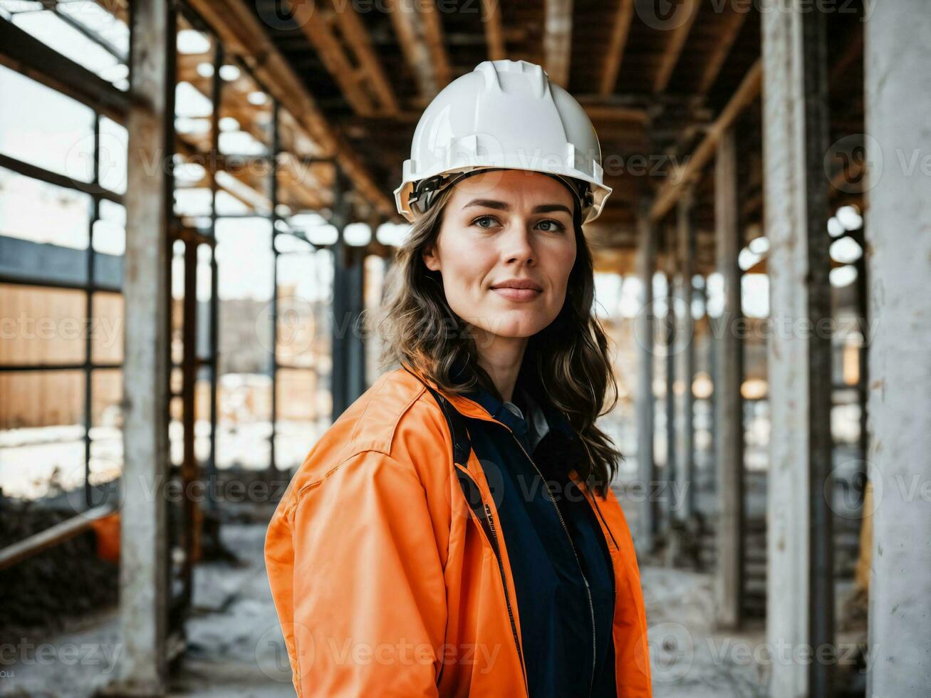 photo of woman as a construction worker with helmet, generative AI