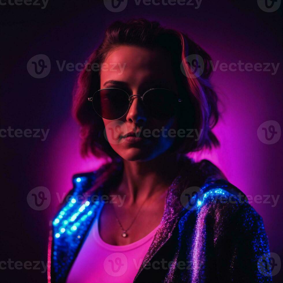 photo of beautiful woman with with mixed pink and blue neon light, generative AI