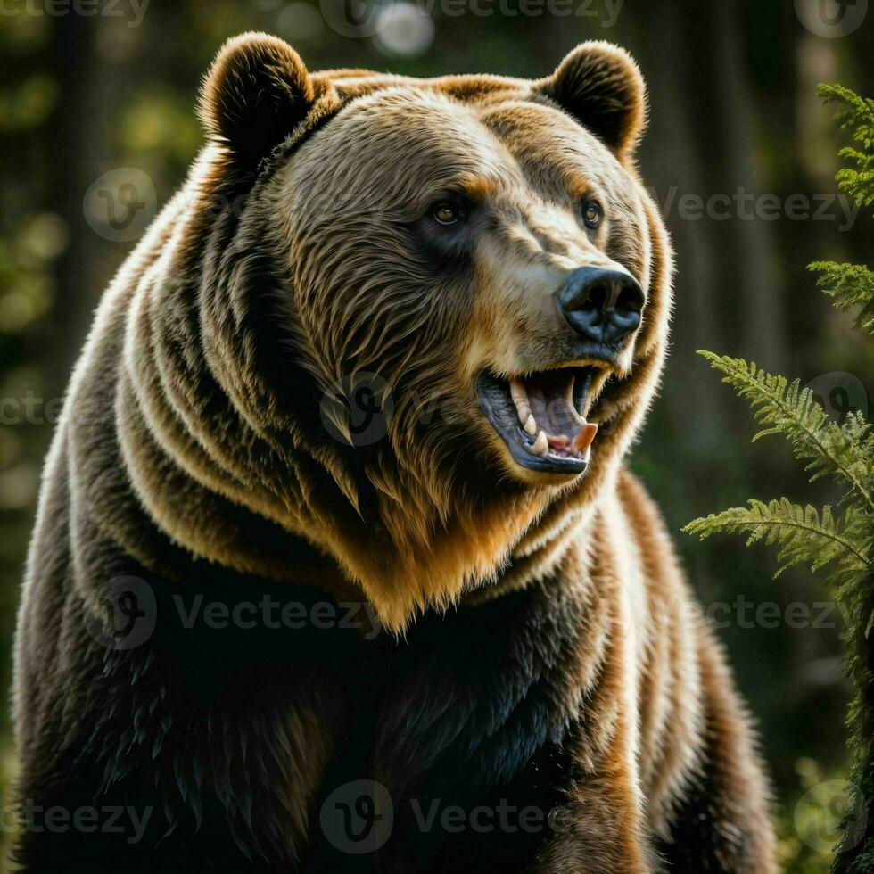 photo of big angry grizzly bear running in the jungle, generative AI