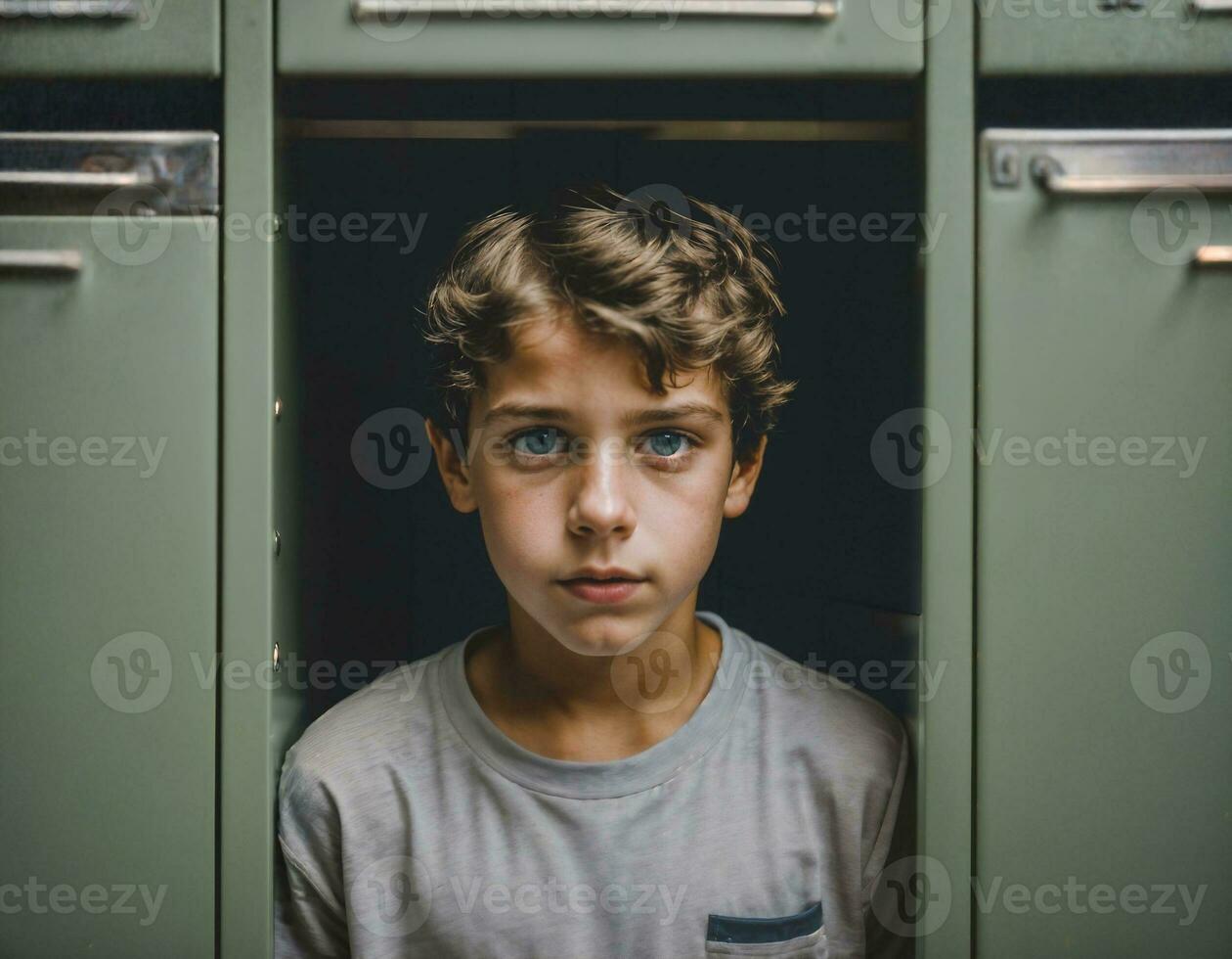 foto de de miedo chico niño en armario habitación, generativo ai