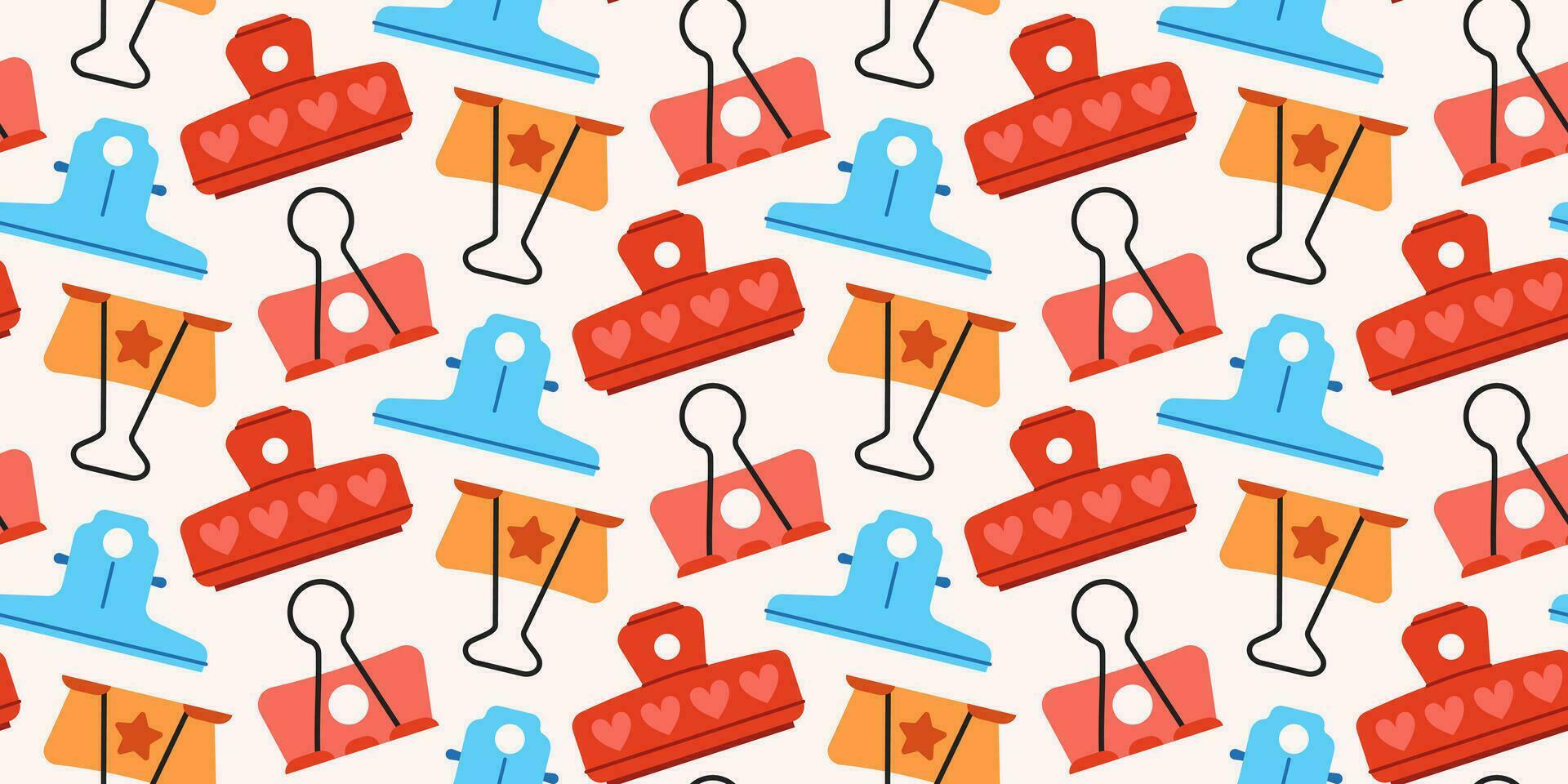 Seamless pattern with cute paper clips, clamps and binders on light background. vector