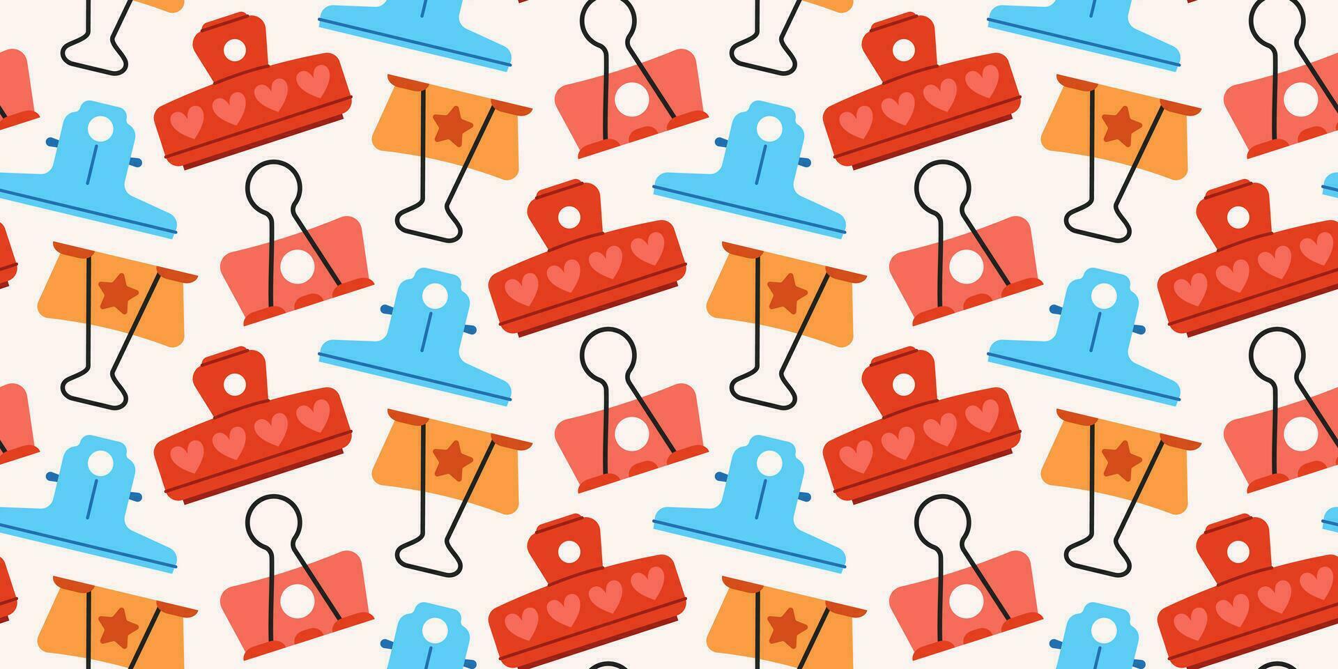 Seamless pattern with cute paper clips, clamps and binders on light background. vector