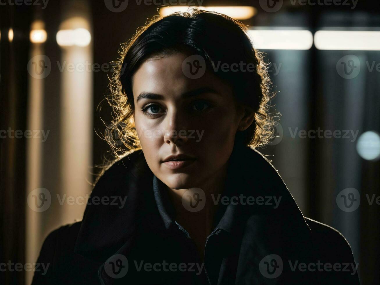 photo of serious detective woman in crime scene, generative AI