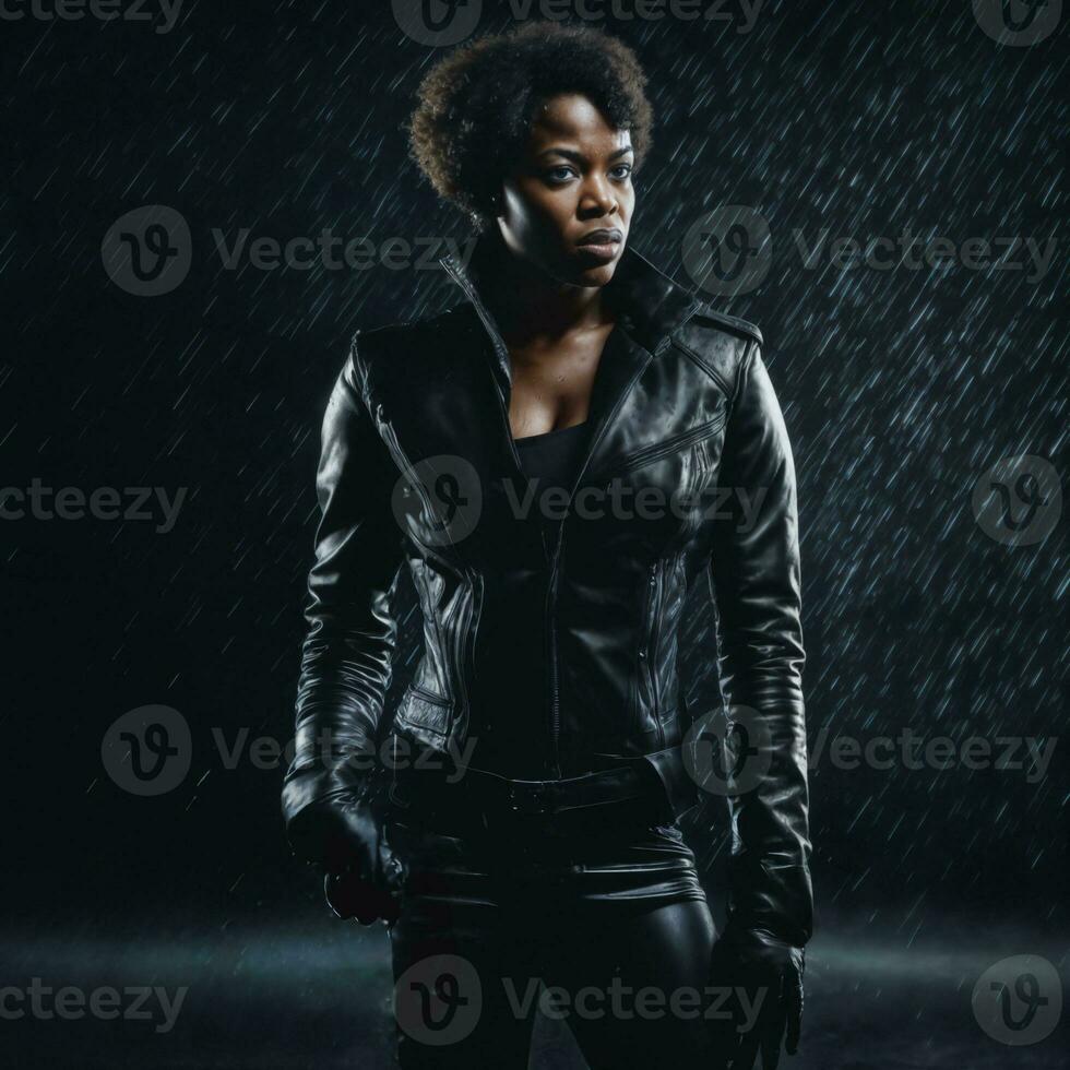 photo of strong african woman with black leather suit in heavy rain night, generative AI