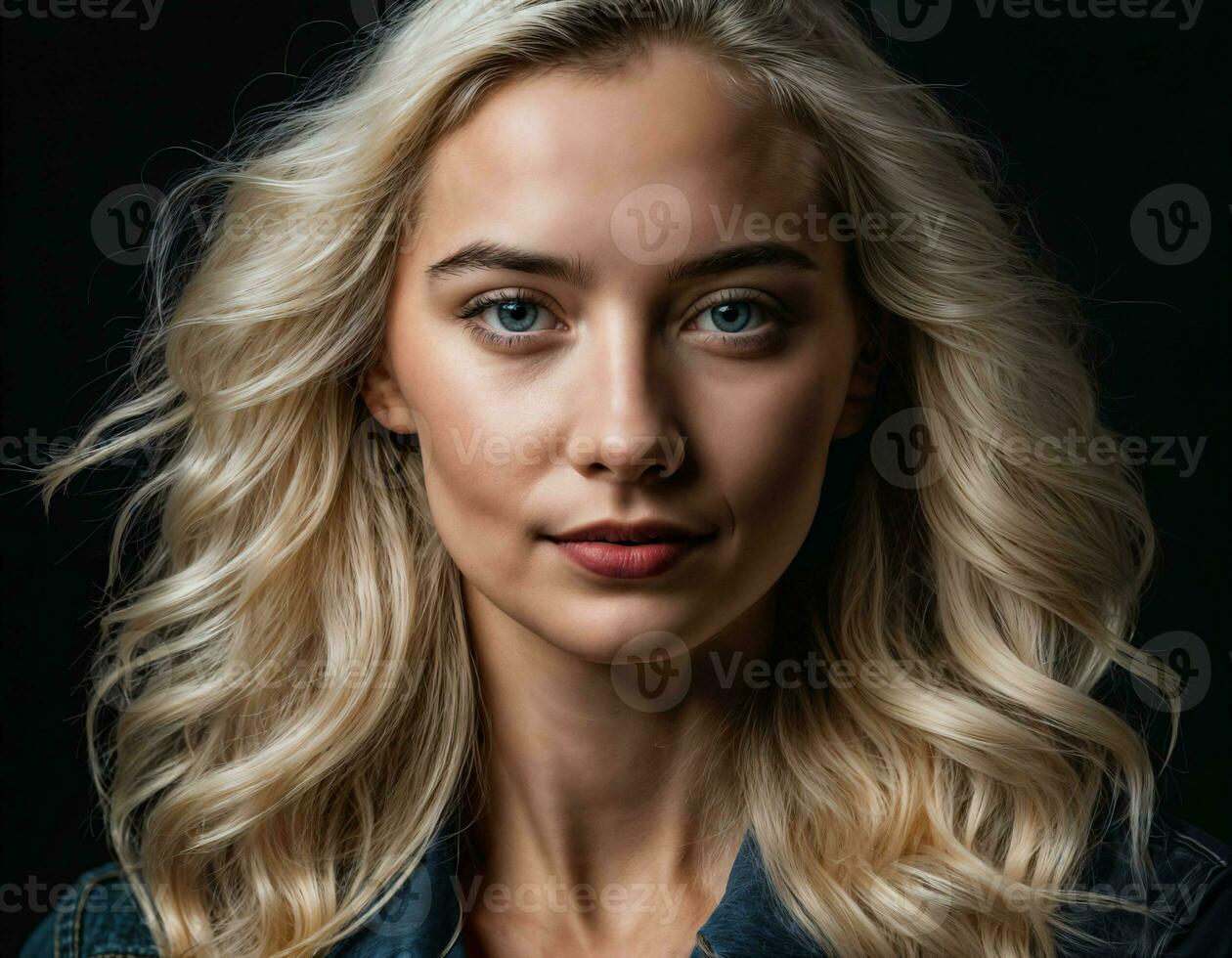 photo of close up beautiful european woman with blonde hair color in black background, generative AI