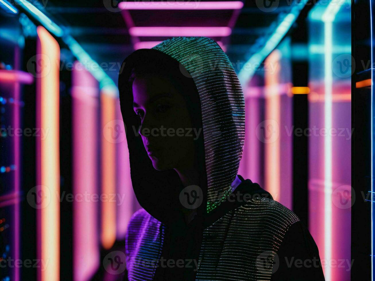 photo of woman in black hoodie in server data center room with neon light, generative AI