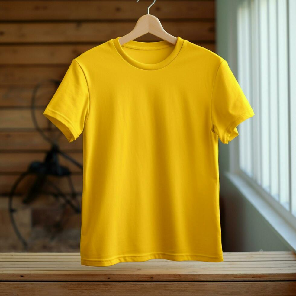 ai generativo alto calidad blanco camiseta en amarillo color, Perfecto a crear Bosquejo avance foto