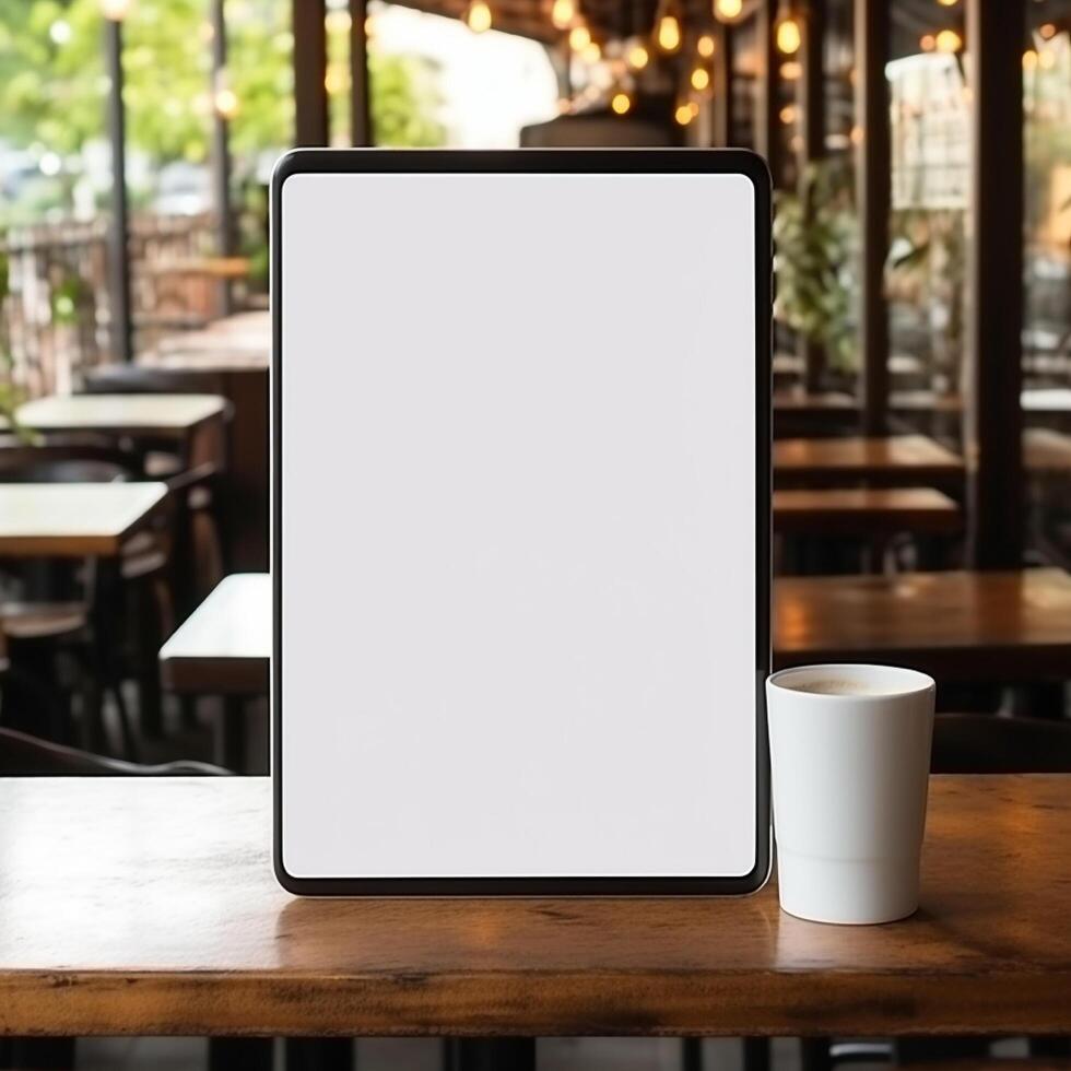 ai generativo alto calidad foto de grande tableta con blanco pantalla en el mesa, Perfecto a crear Bosquejo avance