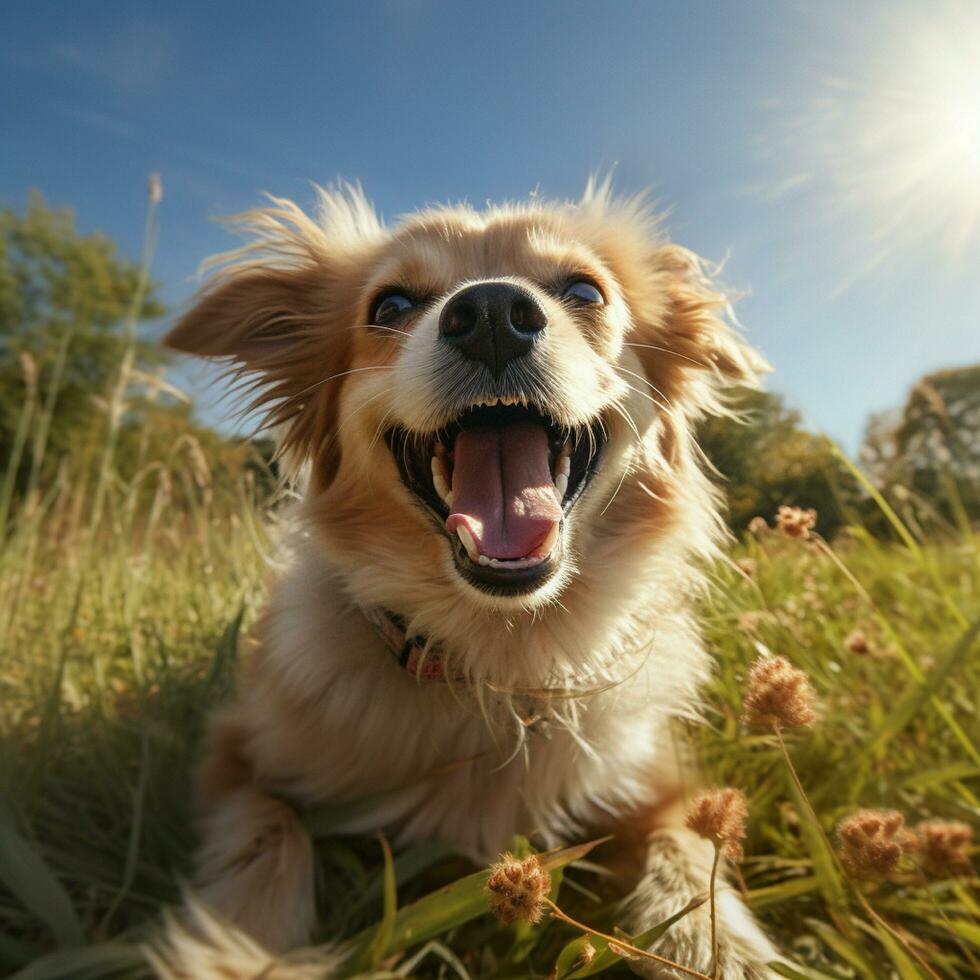 AI generative high quality photo of a happy dog playing ball on the grass