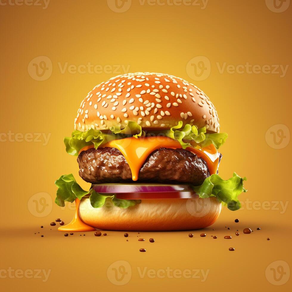 3D design of burger in yellow background photo