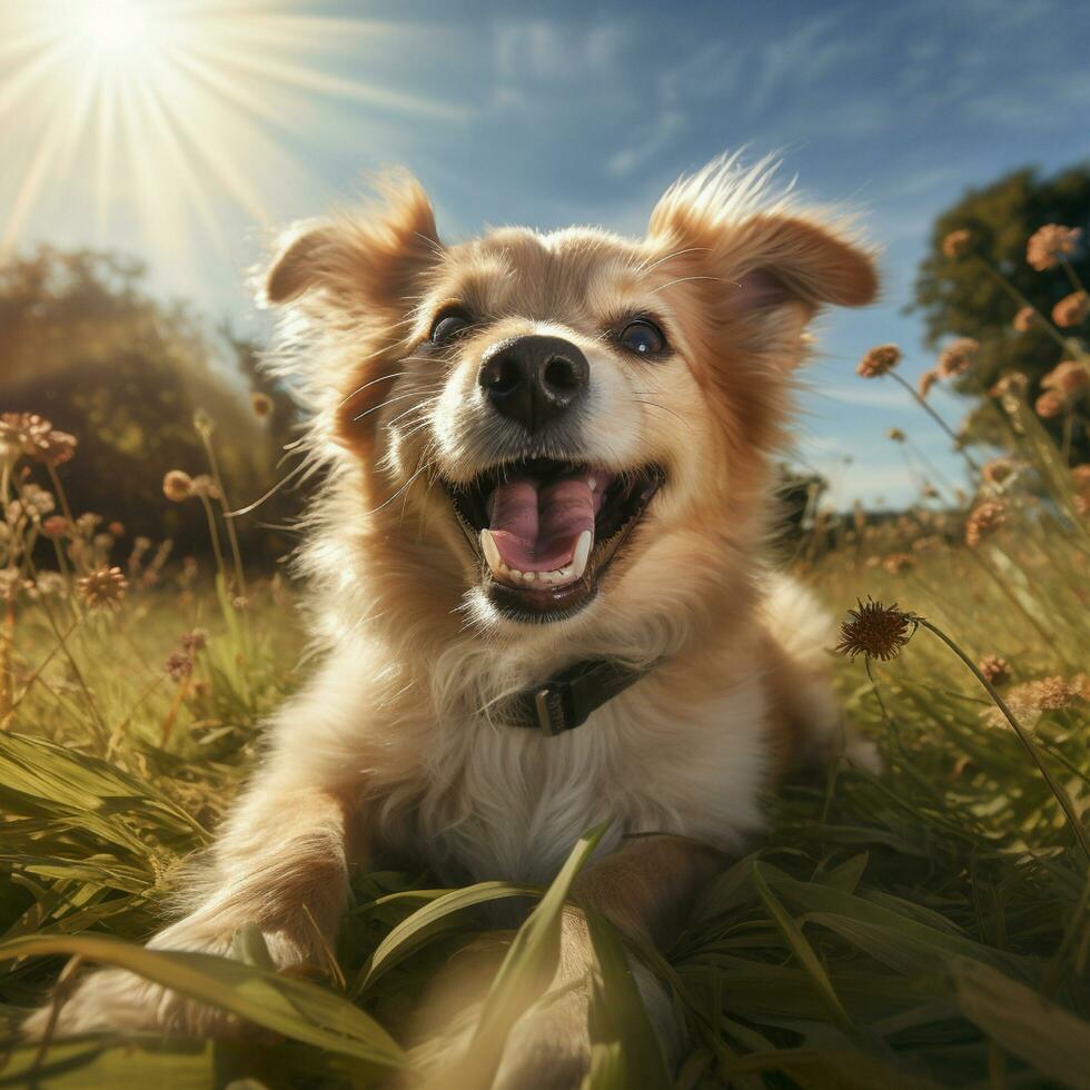 AI generative high quality photo of a happy dog playing ball on the grass