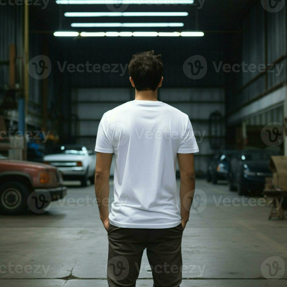 AI generative A man wearing a plain white t - shirt on the garage facing backwards, perfect to create tshirt mockup photo