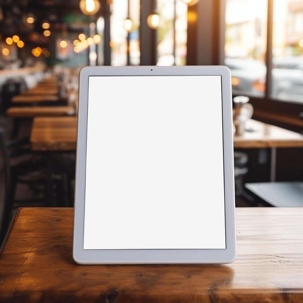 High quality photo of big tablet with blank screen on the table, perfect to create mockup preview