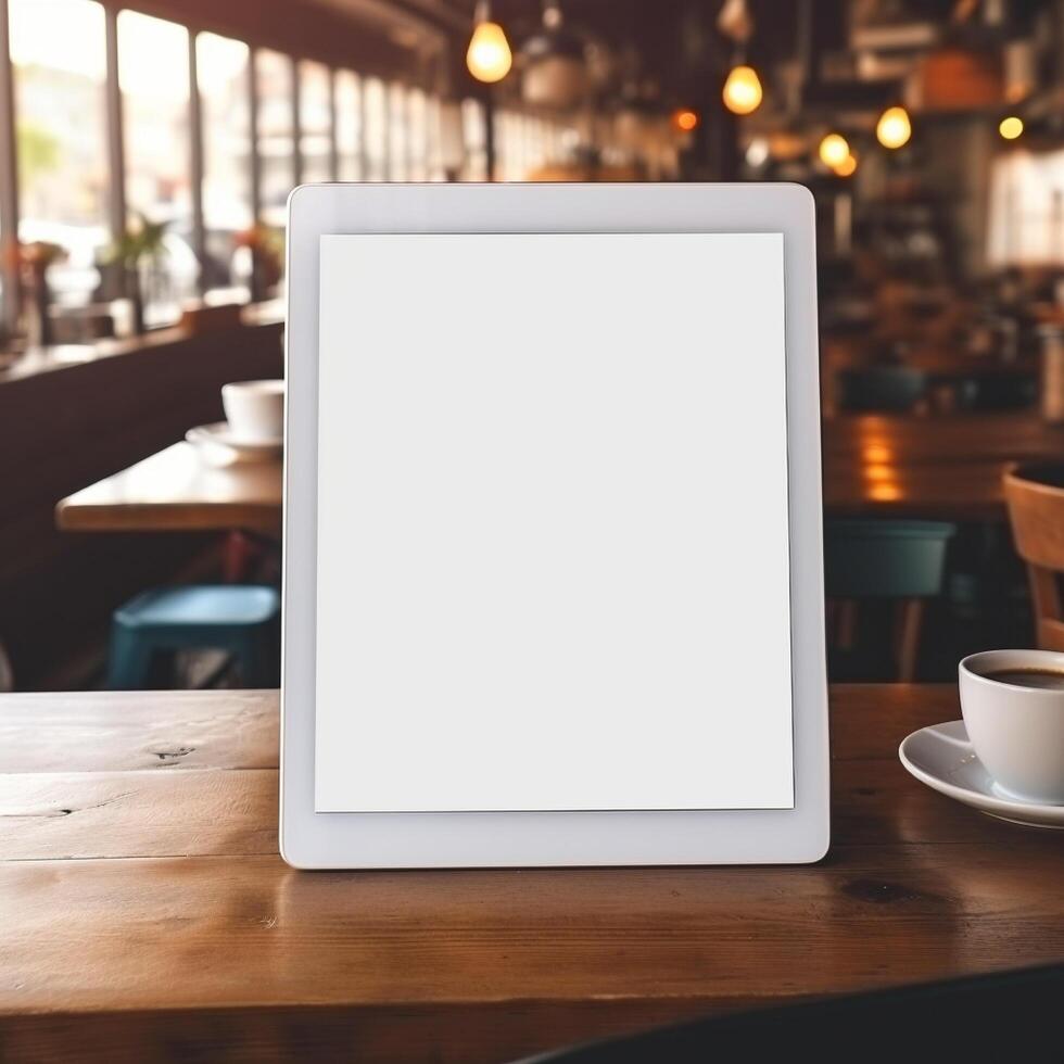 AI Generative High quality photo of big tablet with blank screen on the table, perfect to create mockup preview