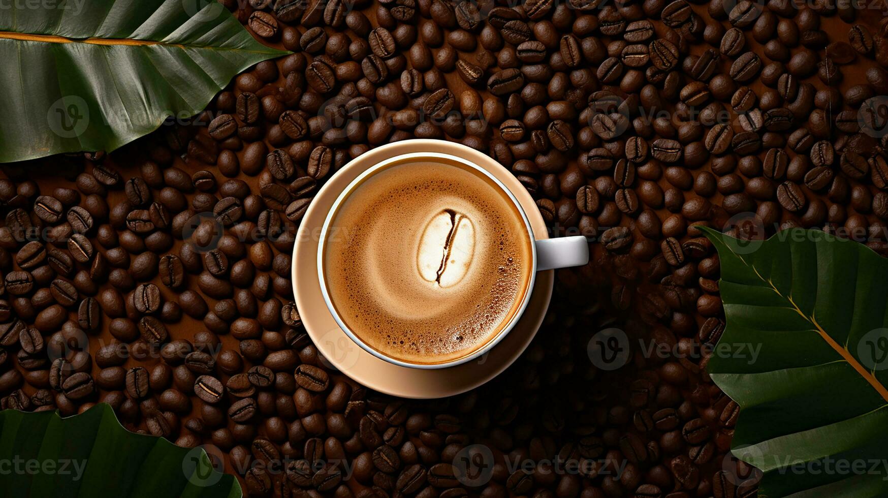 High angle cup of cappuccino with latte art on dark background. Beautiful wheat pulled into the foam, greenery ceramic cup, lots of coffee beans and leaf beside the glass. Generative AI photo