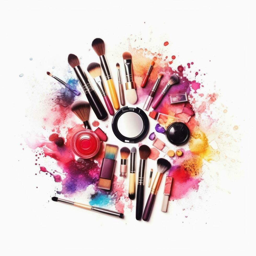 Beauty cosmetic makeup product, brushes, lipstick, nail polish collection on white background, Ai Generative. photo