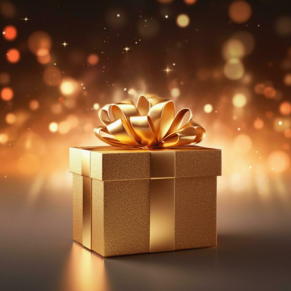 Gold luxury gift box, ribbon bow, golden light on bokeh background, Ai Generative. photo