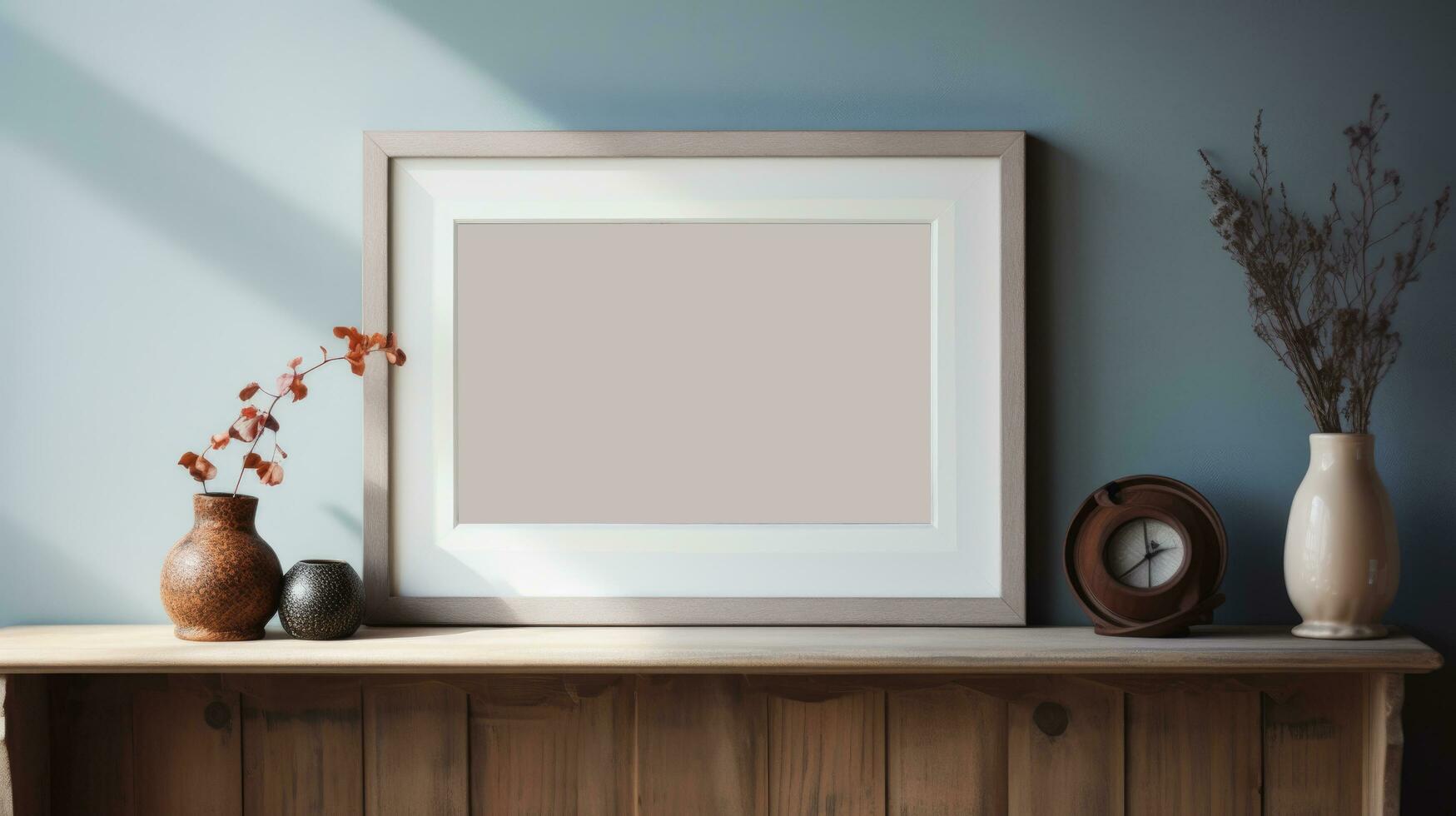 White picture frame mockup on wood table with home decoration, Afternoon light by the window, Ai Generative. photo