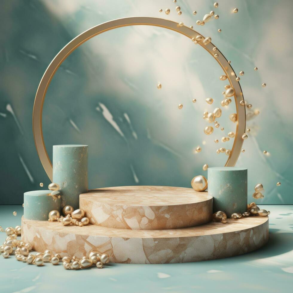 Beige stone circle podium, product display luxury with cosmetic presentation background, Ai Generative. photo