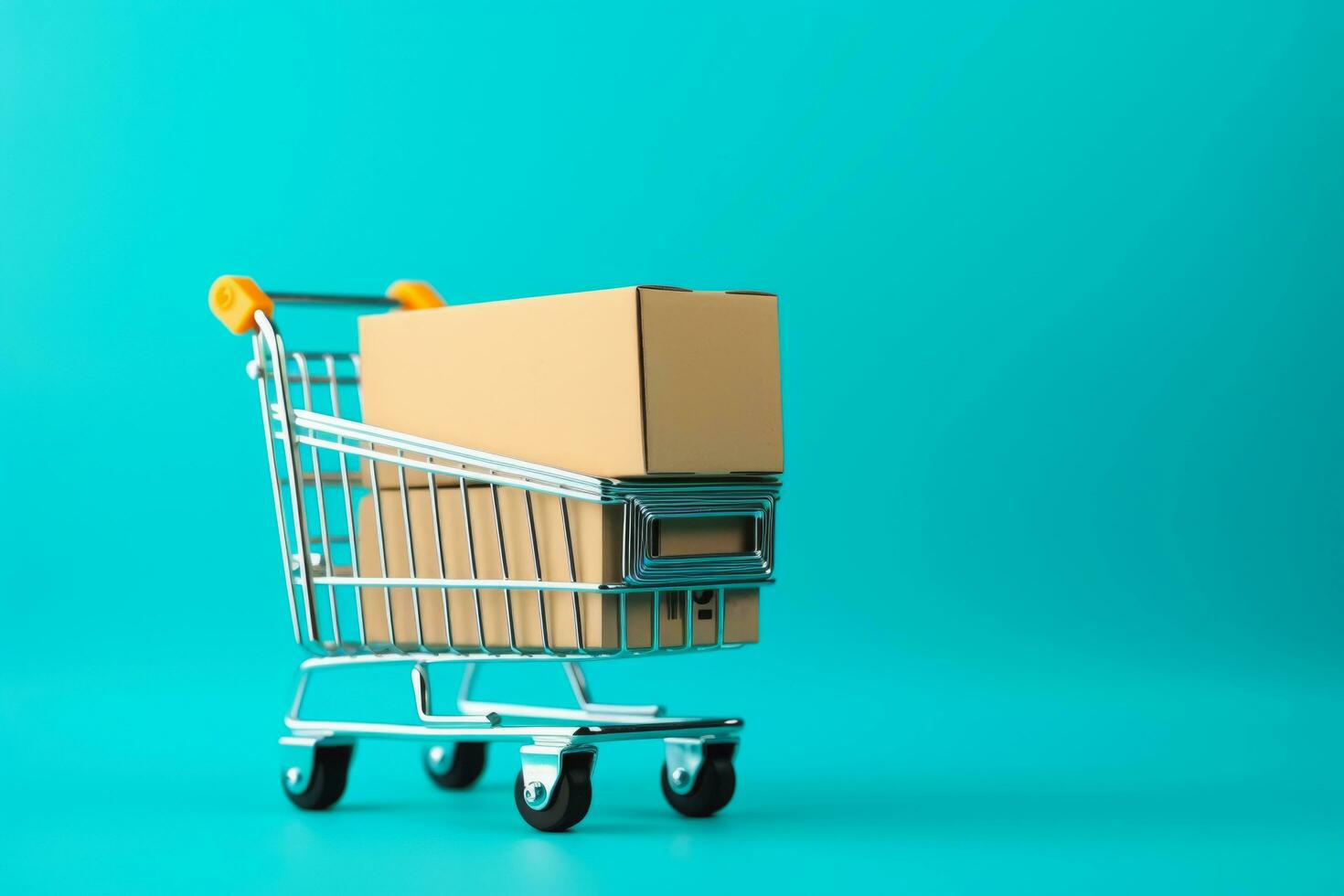 Pile cardboard box package put on shopping cart on blue background, Ai Generative. photo