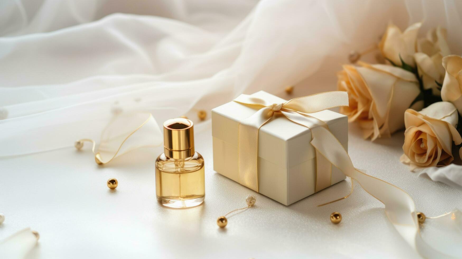 Luxury serum bottle and gift box with gold decorations on white background, Ai Generative. photo