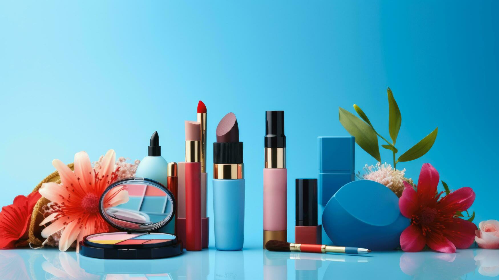 belleza cosmético maquillaje en mesa, cepillos, lápiz labial, uña polaco colección en azul fondo, ai generativo. foto