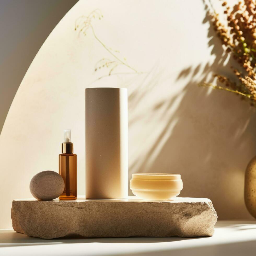 Beige stone circle podium, product display luxury with cosmetic presentation background, Ai Generative. photo
