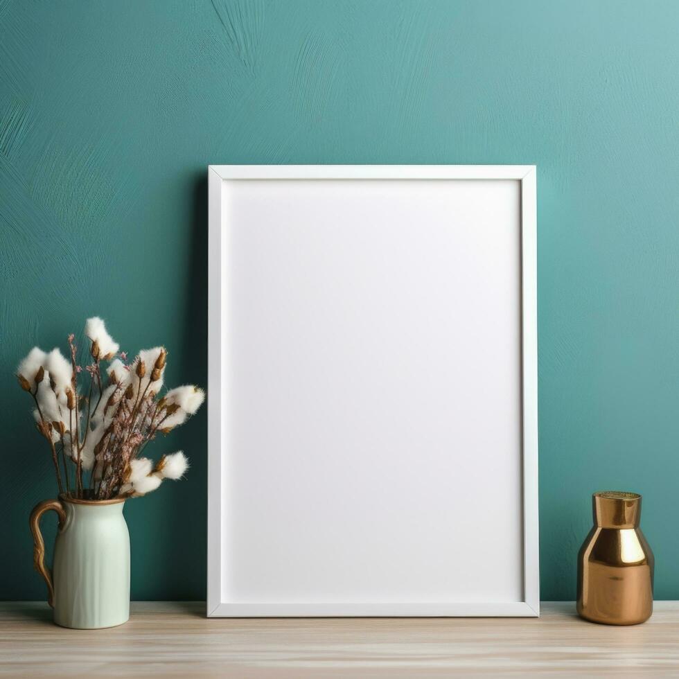 White picture frame mockup on wood table with home decoration, Afternoon light by the window, Ai Generative. photo