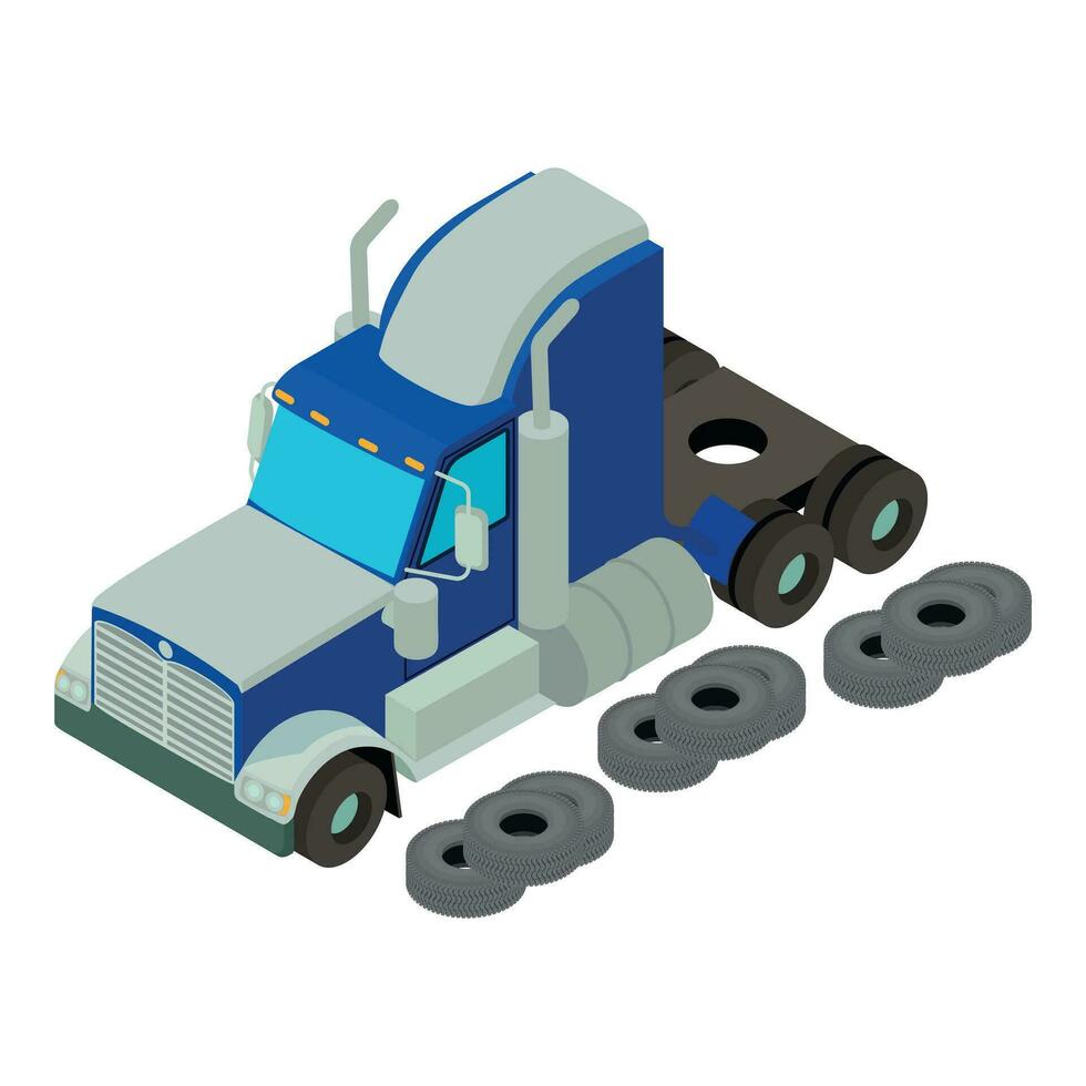 Tire service icon isometric vector. Semi trailer truck near new automobile tire vector