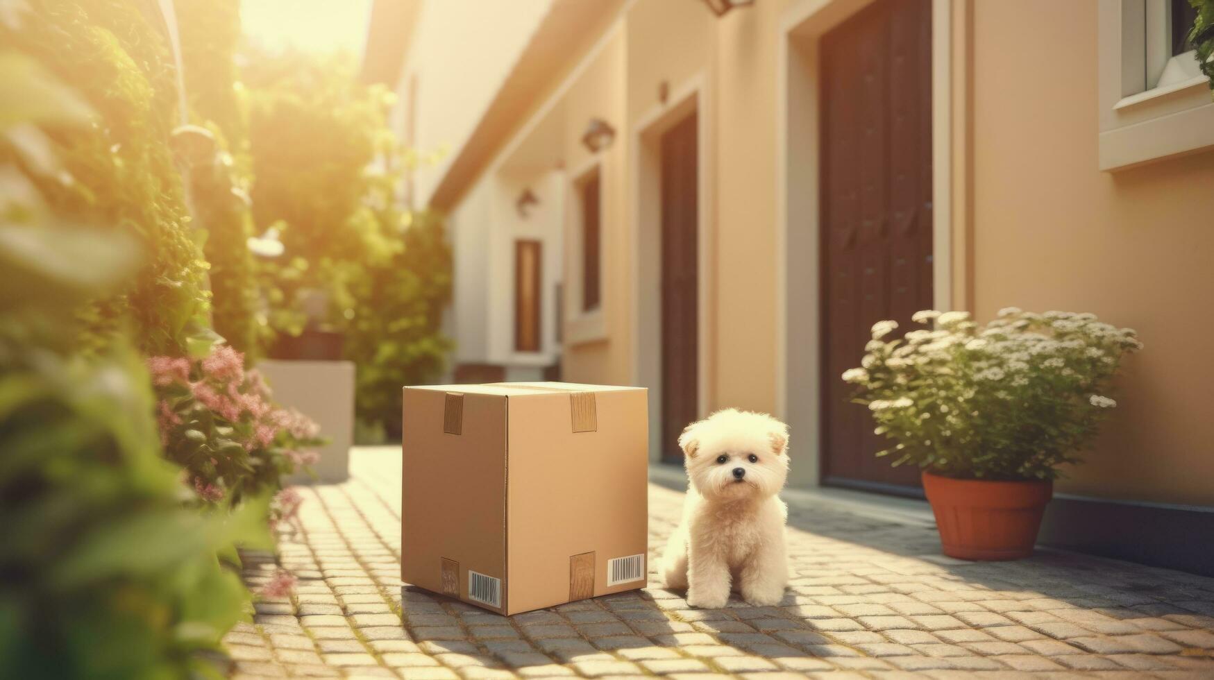 cartulina caja paquete con mullido blanco perrito en frente en puerta casa, entrega transporte Servicio concepto, ai generativo. foto