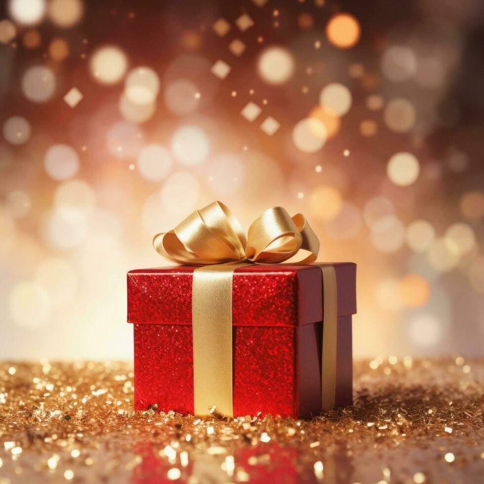 Red luxury gift box, gold ribbon bow, golden light on bokeh background, Ai Generative. photo