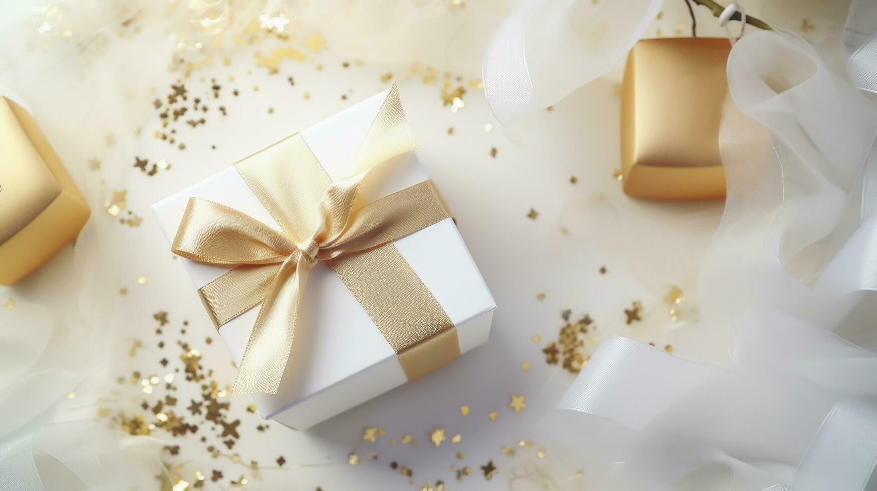 Top view of gold gift box with golden decorations on white background, Ai Generative. photo