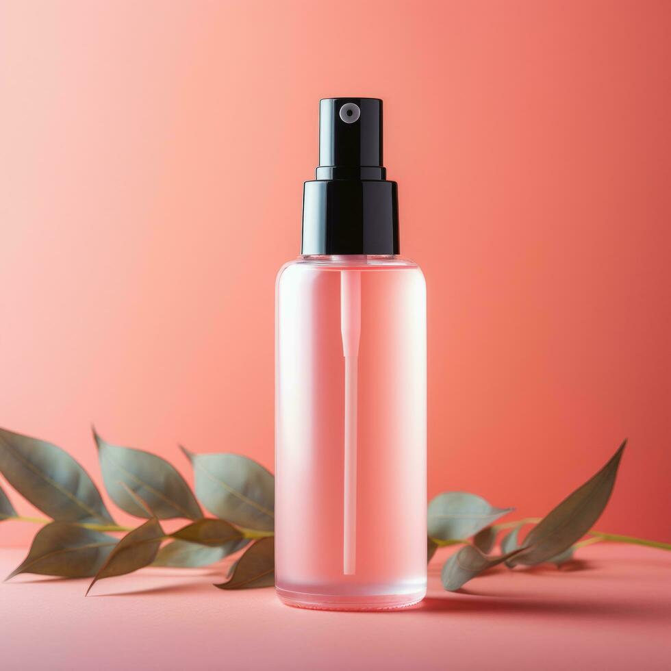 Skin care product and pink bottles on luxury style background, Ai Generative. photo