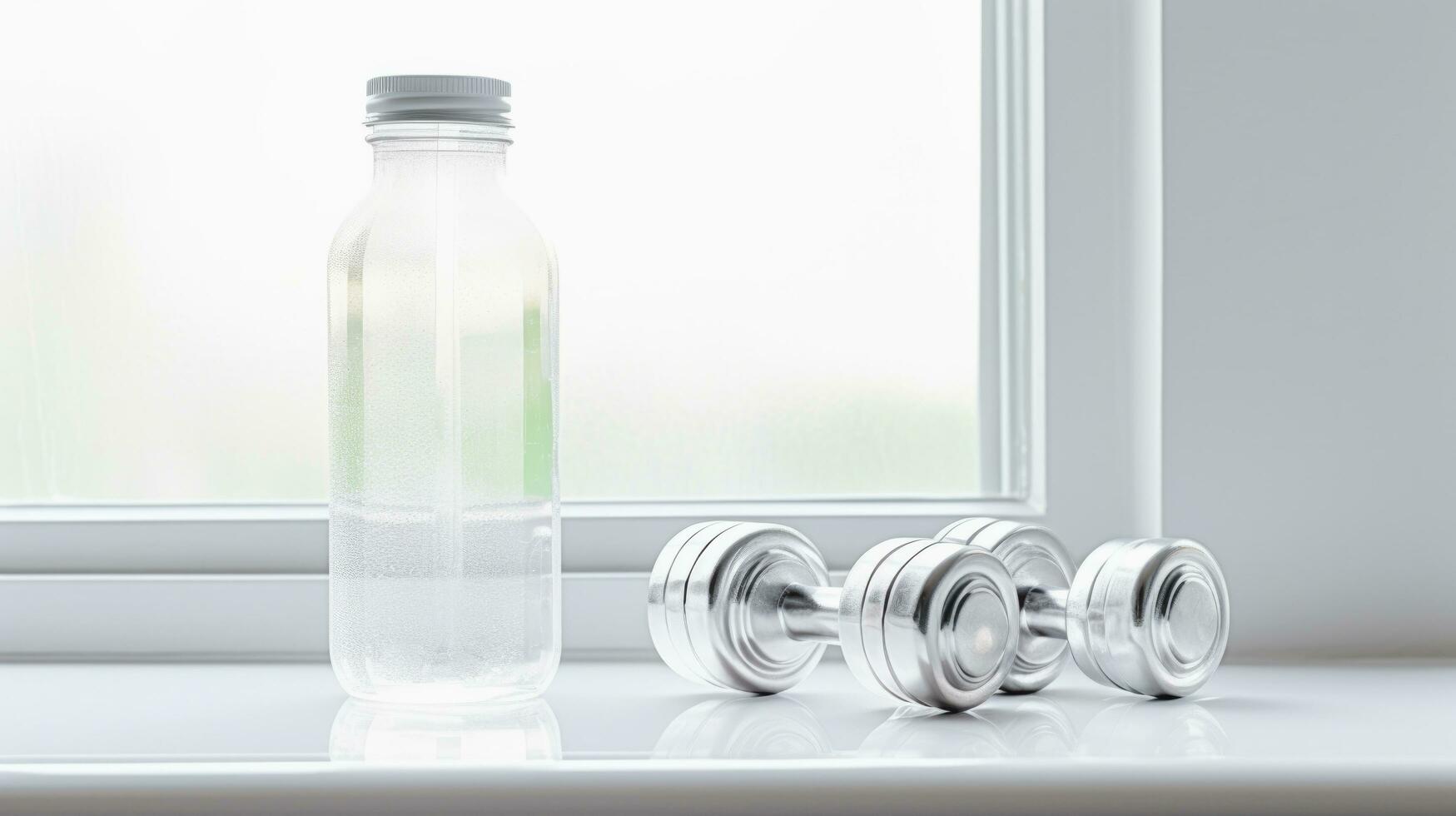Closeup of dumbbells with drinking water bottle, window light at afternoon background, Ai Generative. photo