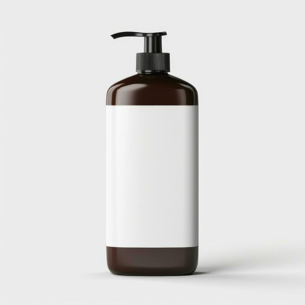 Brown cleansing shampoo bottle with white label template on bottle on white background. Ai Generative. photo