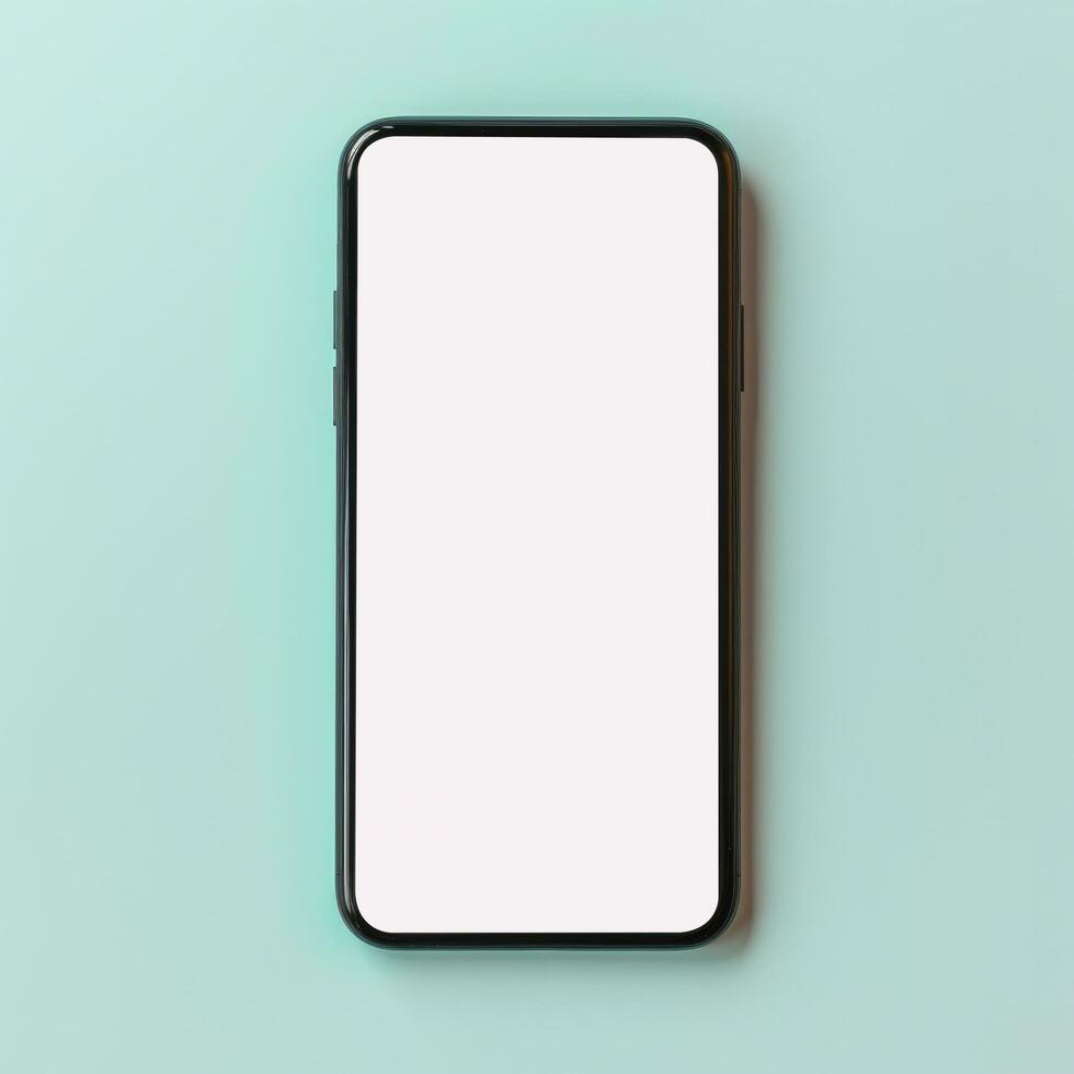 Top view of black smartphone with white screen on pastel background, Ai Generative. photo