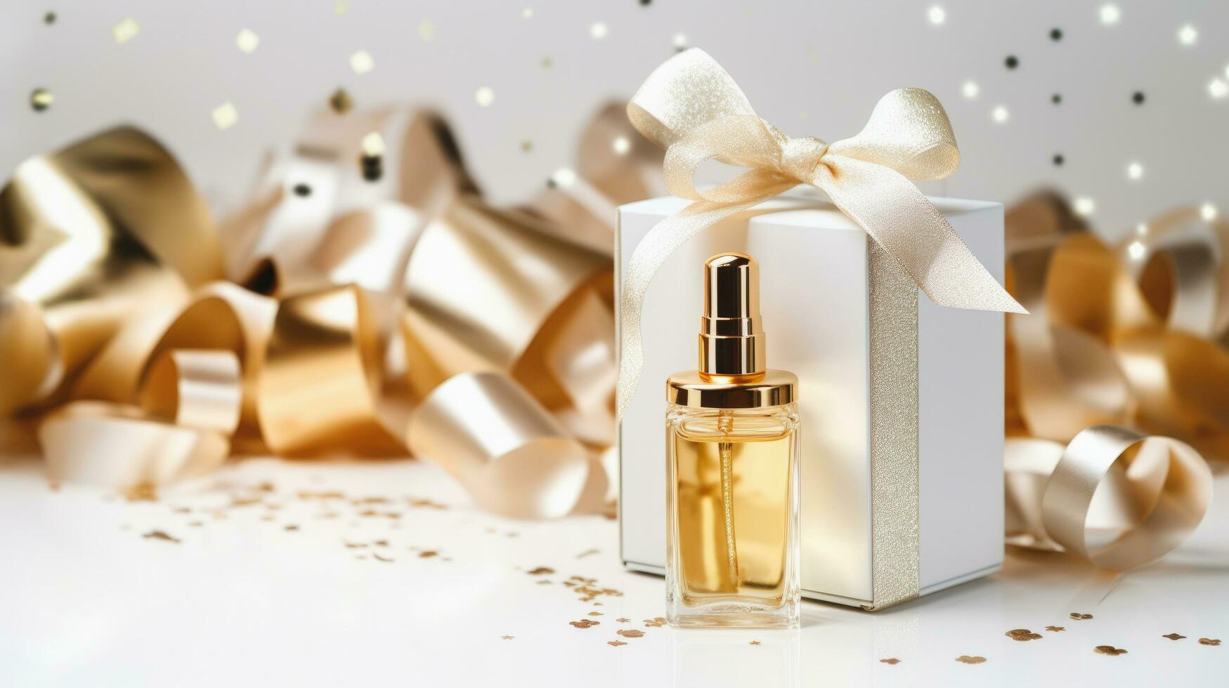 Luxury serum bottle and gift box with gold decorations on white background, Ai Generative. photo