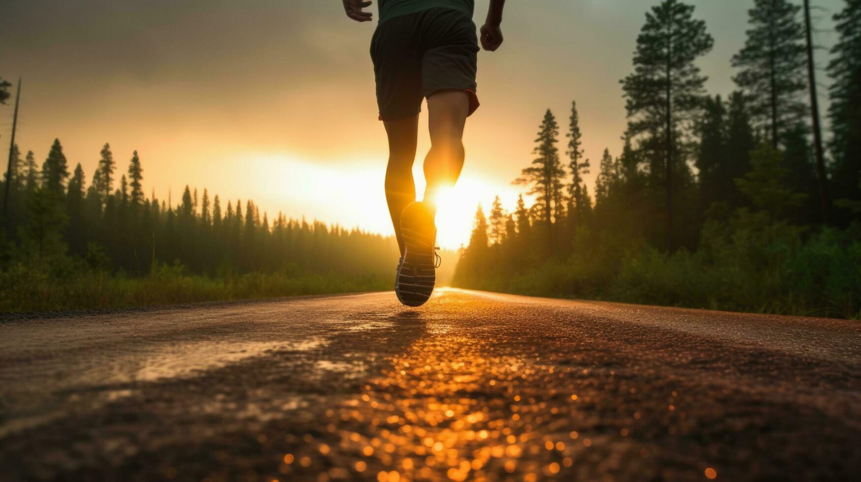 espalda ver de atleta corredor pies corriendo en el camino, lluvioso estación. ai generativo. foto