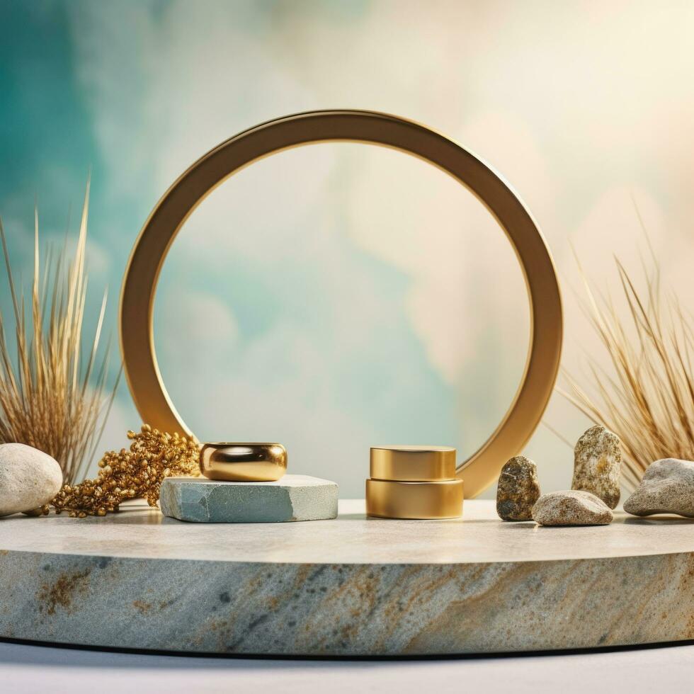 Beige stone circle podium, product display luxury with cosmetic presentation background, Ai Generative. photo