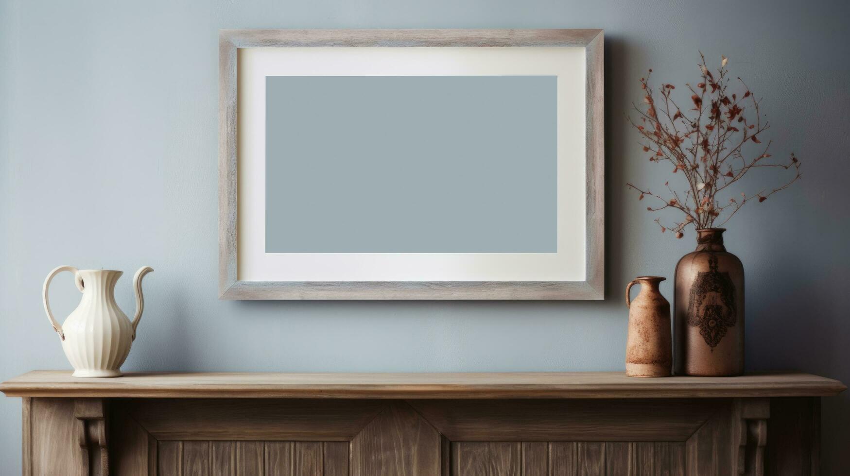 White picture frame mockup on wood table with home decoration, Afternoon light by the window, Ai Generative. photo