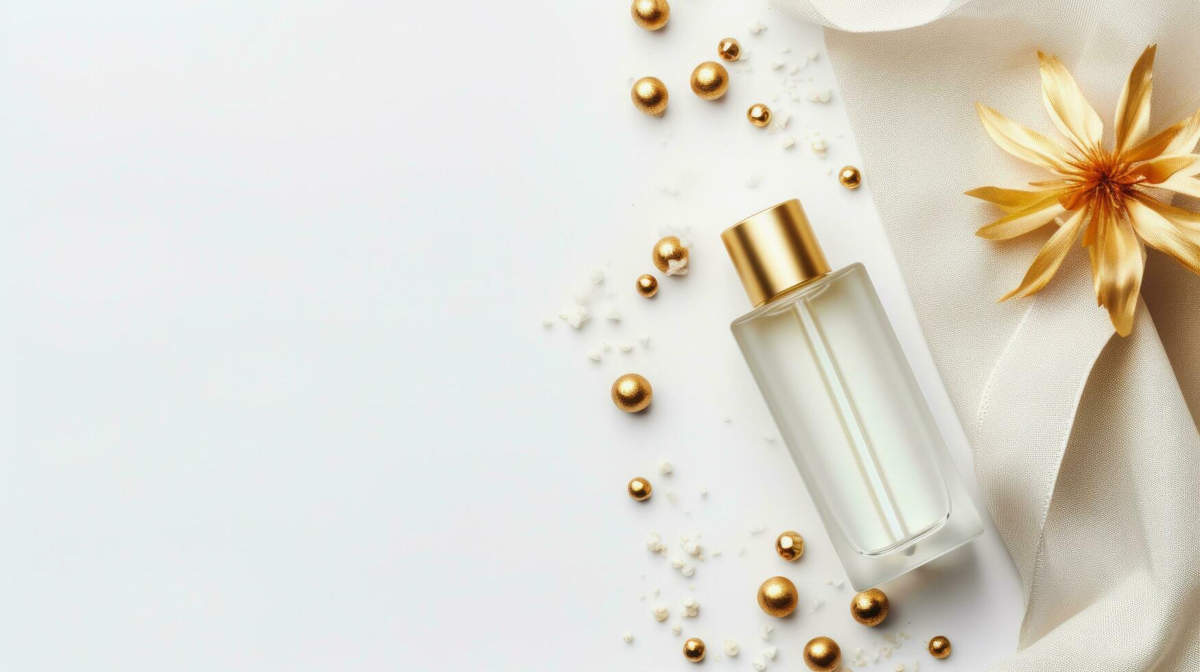 Top view of luxury serum bottle with copy space on white background, Ai Generative. photo