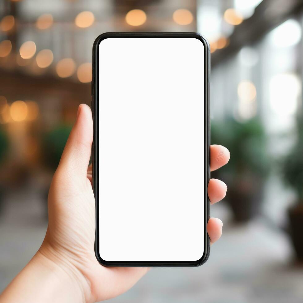 Hand holding the black smartphone with blank screen, Ai Generative. photo