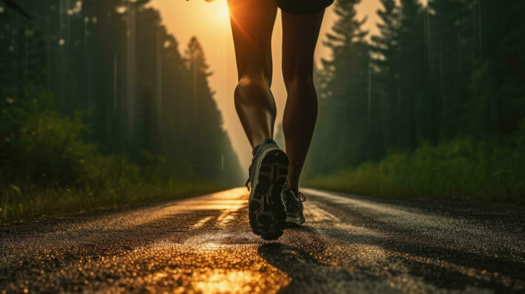 Back view of athlete runner feet running on the road, rainy season. Ai Generative. photo