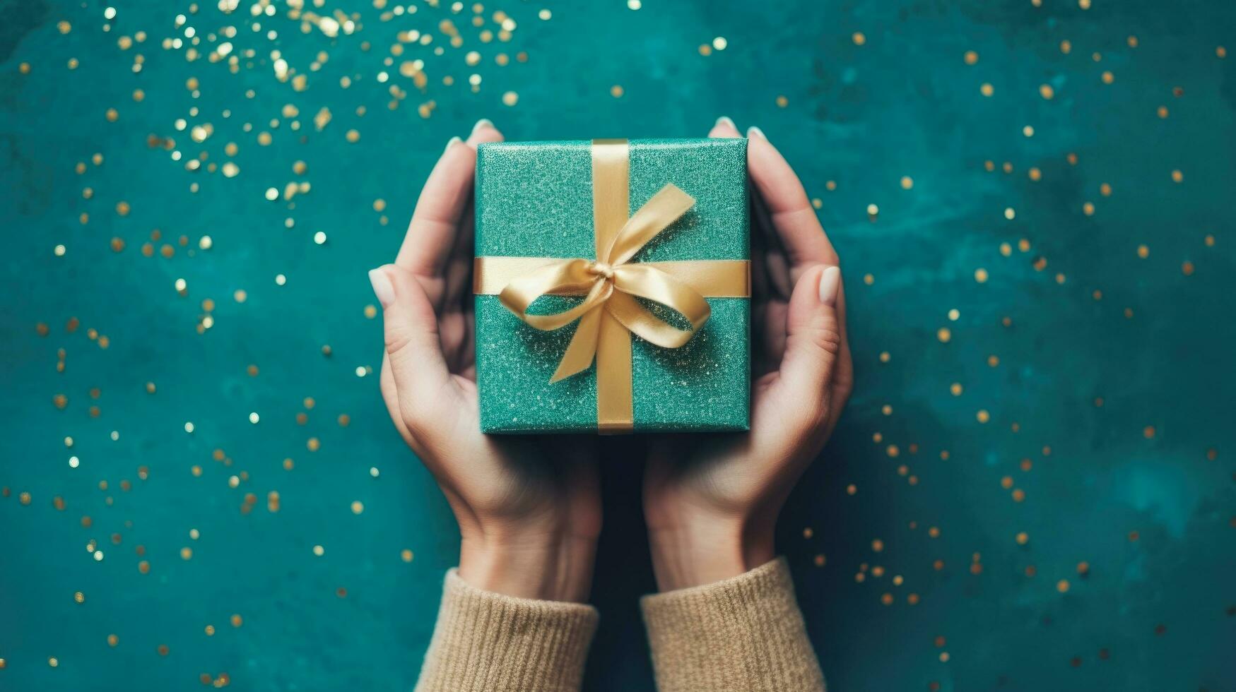 Top view of hands holding gift box with copy space on turquoise background, Ai Generative. photo