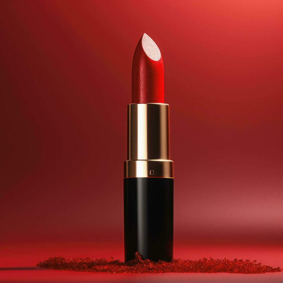 Lipstick on red background, Cosmetic makeup, Generative ai. photo