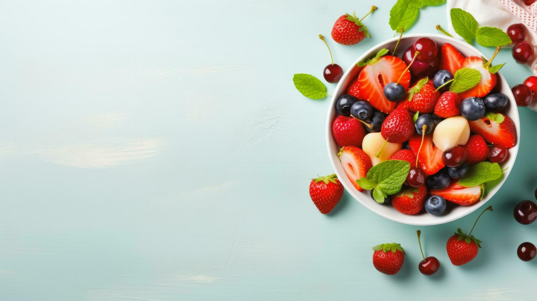 Top view of fruit salad with strawberry and blueberry sweet cherry in plate on wood blue background, Generative ai. photo