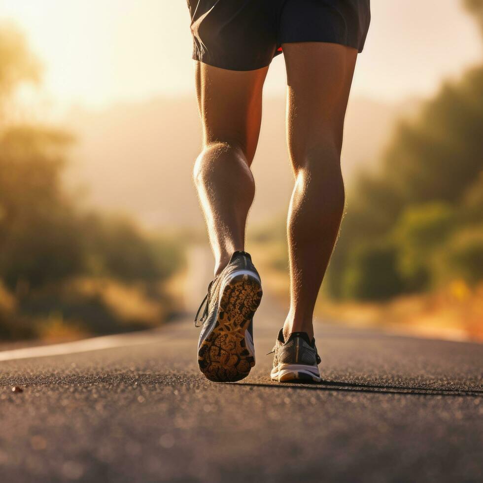 Back view of athlete runner feet running on the road, rainy season, Generative ai. photo